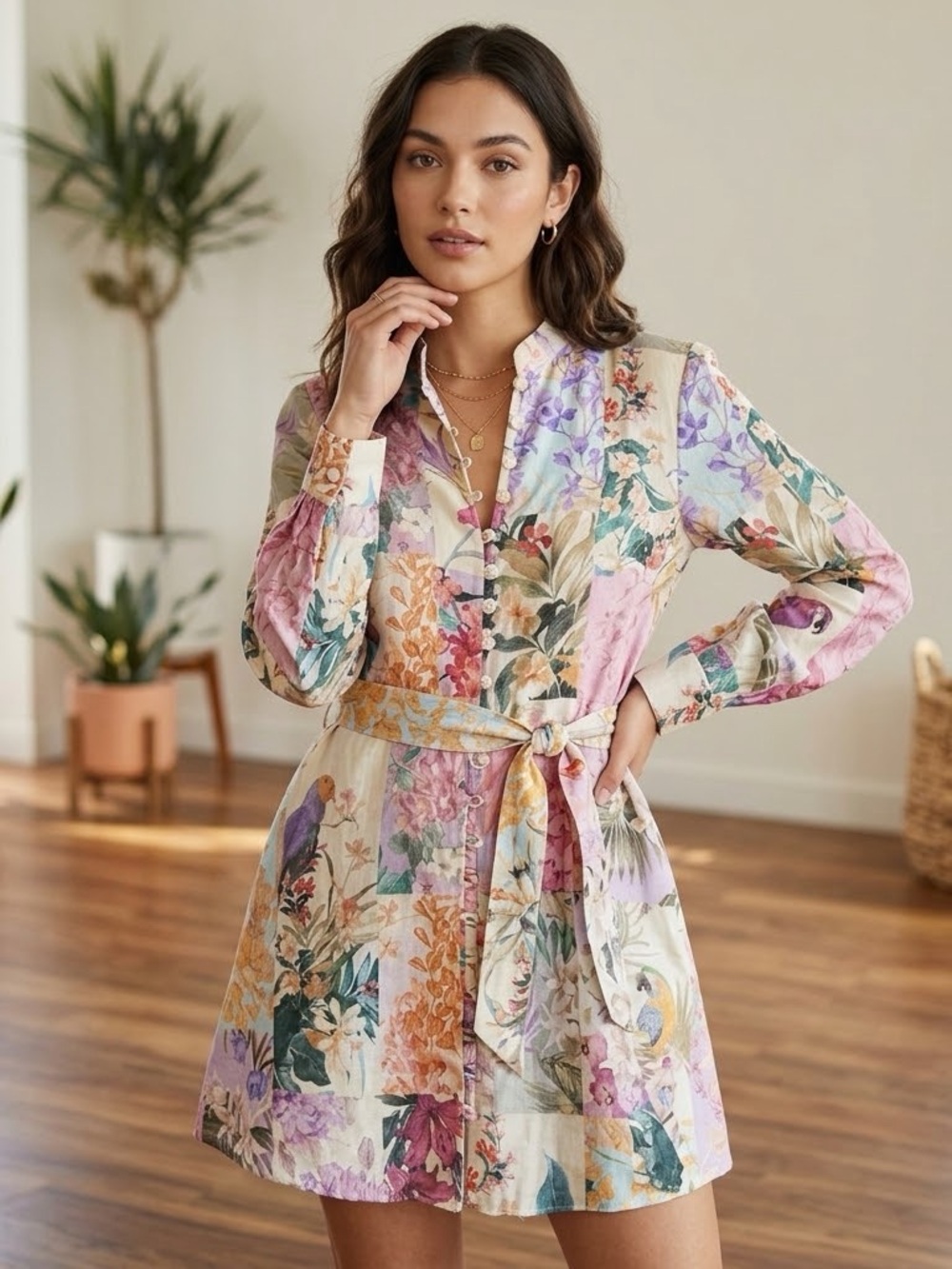 Zara Pastel Floral Patchwork Belted Mini Dress - Pink, Purple, Cream, Green